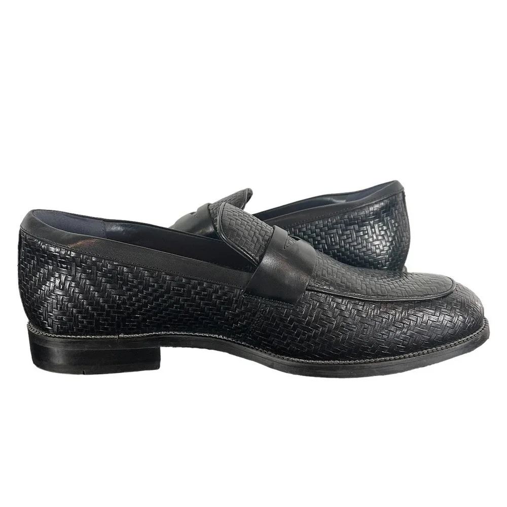 Men's Black Woven Leather Penny Loafers